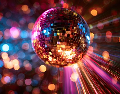 A glittering disco ball reflecting vibrant colorful lights against a dark background