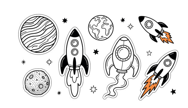 BeautifulHand drawn space vector set with rocket ships planets