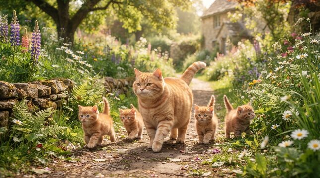 Ginger cat walking with four kittens in a sunny garden, orange tabby cat family on a dirt path, idyllic cottage garden landscape