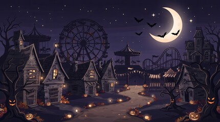 Fototapeta premium A spooky halloween town features dark silhouetted buildings beneath a glowing crescent moon in a dramatic night sky landscape