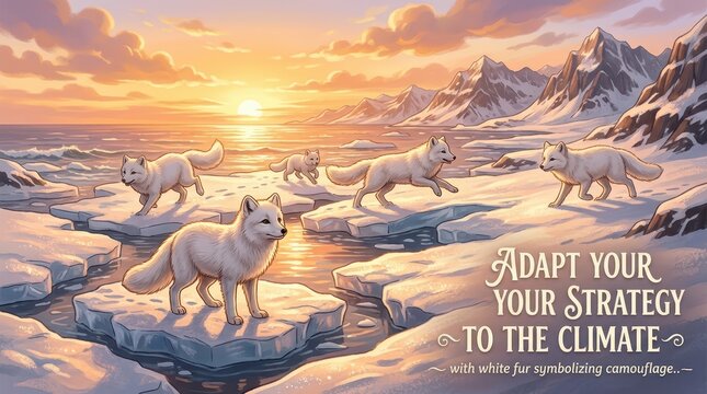 Arctic foxes adapting to climate change, walking on ice floes at sunset with snowy mountains and text "ADAPT YOUR STRATEGY TO THE CLIMATE"