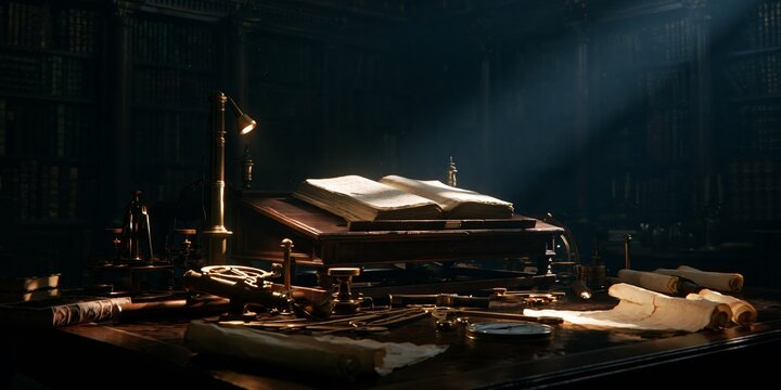Open historical book resting on wooden lectern surrounded by scientific instruments mathematical tools scrolls and compass under dramatic directional light casting long shadows across cluttered desk