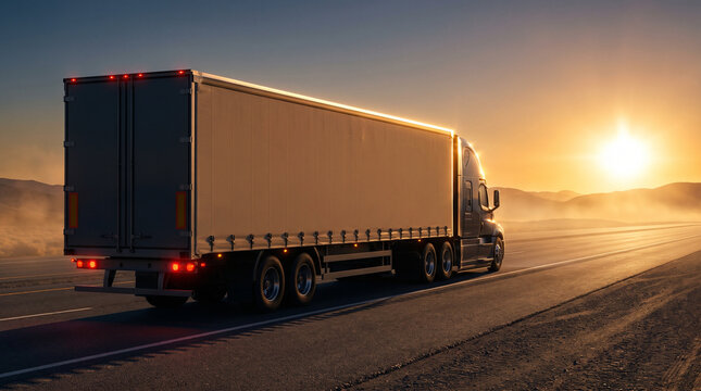 Truck driving on open road at sunset with mist in the background  