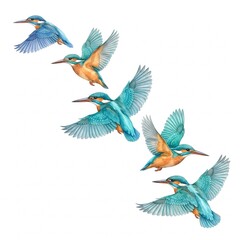 Fototapeta premium Kingfisher bird illustration set with five flying common kingfishers, watercolor style avian wildlife collection on white background, blue and orange feathered kingfisher birds in flight