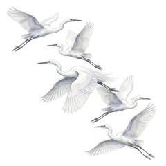 Obraz premium Graceful white egrets flying in formation, elegant heron birds in flight on white background. Minimalist wildlife illustration of five snowy egrets soaring