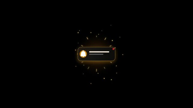 Glowing notification bell icon and alert box animation with golden sparkles on dark background - 4K video