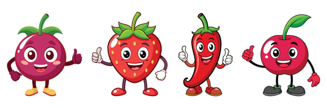 A adorable vector collection of happy mangosteen, strawberry, chili pepper, and cherry characters giving a thumbs up isolated on a white background.