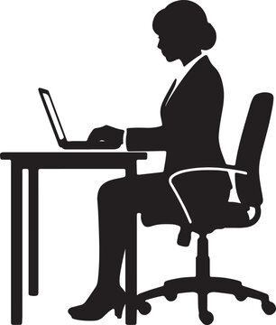 Businesswoman Working on Laptop Silhouette &ndash; Professional Office Desk Vector Icon
