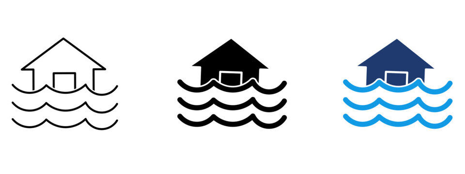House flood icon set with submerged home, water waves, and natural disaster symbol. Concept of flooding hazard, climate change damage, property insurance, emergency, and storm alert.