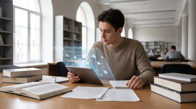 Young Male Student Using Holographic Tablet for Personalized Learning in Library