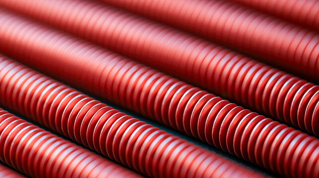 Close-up of red corrugated flexible plastic pipes or tubes arranged in parallel rows industrial background