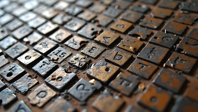 Close up of old metal letterpress type blocks arranged in rows.