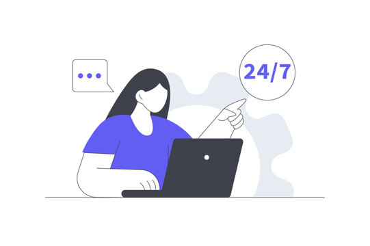 24 7 Customer Support Call Center and Nonstop Online Help Desk. Female Specialist Working on Laptop Pointing at 24 7 Badge and Chat Bubble. Flat Cartoon Vector Illustration, icon Stylish abstract web