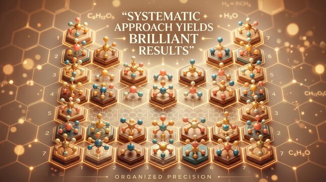 Abstract molecular structures arranged in a grid, symbolizing scientific innovation and systematic approach for brilliant results in chemistry or rese