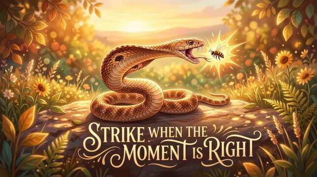 A cobra striking at a bee in a vibrant, sunlit meadow, symbolizing opportune moments and decisive action.