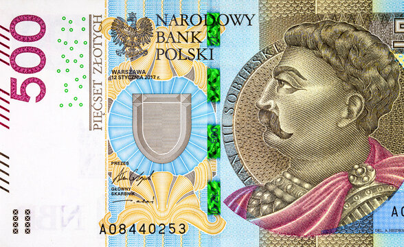 Polish 500 zloty banknote featuring King Jan III Sobieski profile and coat of arms. Concept of Polish national currency PLN. European banking.