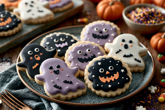 Plate of decorated halloween sugar cookies with ghosts and monsters frosting
