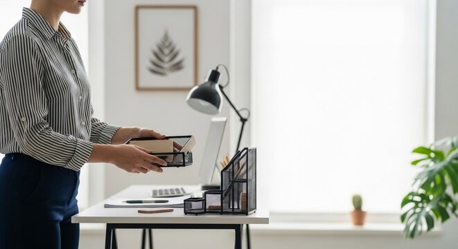 Retail manager organizing desk with office supplies and stationery at a modern workspace