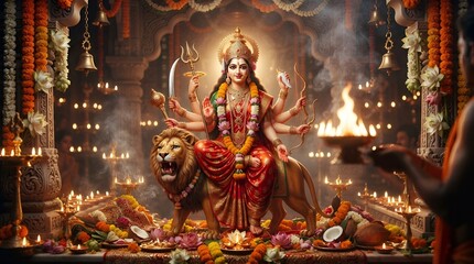 Fototapeta premium Goddess Durga Statue with Lion During Traditional Indian Festival Celebration