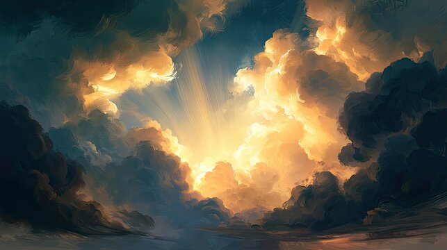 Golden sunbeams pierce through dramatic, dark clouds in a luminous sky