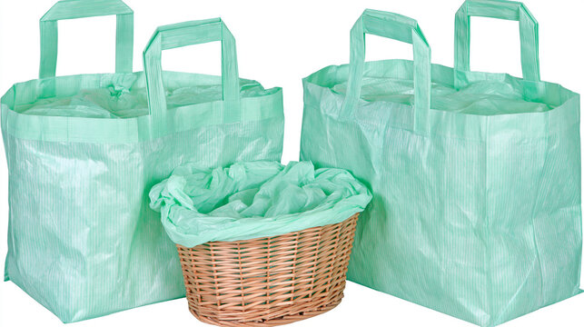 Green reusable grocery bags and woven basket filled with fabric