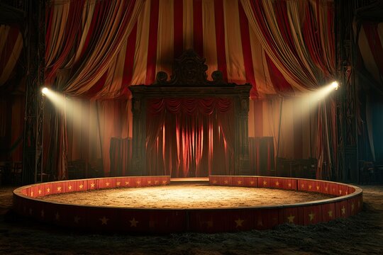 Empty circus ring illuminated by spotlights under red and white striped tent