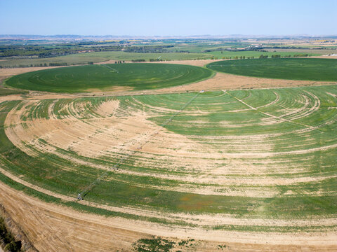 Aerial View of Circular Irrigated Agricultural Field Near Curbe, Huesca, Spain