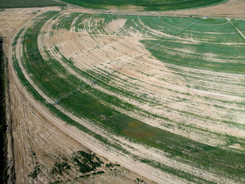 Aerial View of Circular Irrigated Agricultural Field Near Curbe, Huesca, Spain