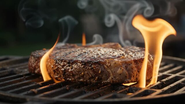 Juicy Ribeye Steak Searing on Outdoor Grill with Flames and Smoke