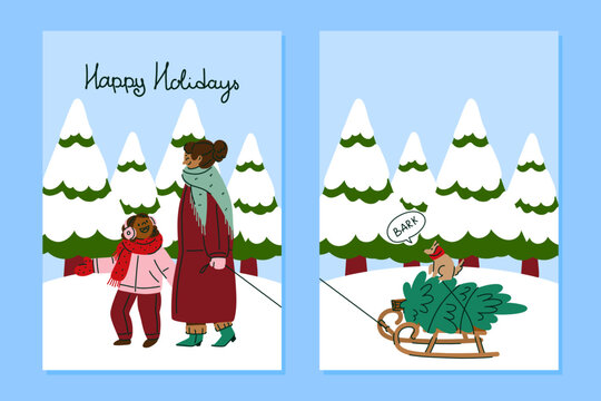 Happy Holidays winter card with two festive scenes featuring people, Christmas trees and a sled, charming illustration about family recreation mother and daughter on a winter walk. Vector illustration