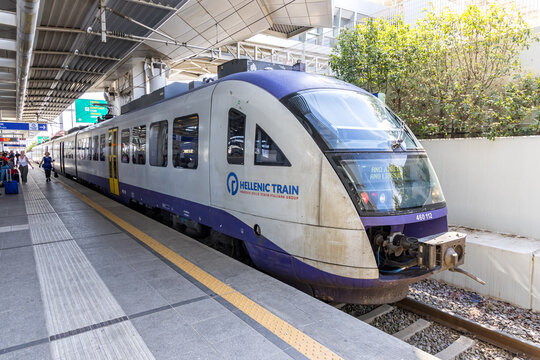 Regional train type Siemens Desiro Classic operated by Hellenic Train at Athens Airport railway station in Athens, Greece