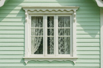 Obraz premium Pale green vintage house exterior features a white wood framed window with delicate lace curtains. Decorative trim accents the building facade and window. Architectural detail on clapboard siding.