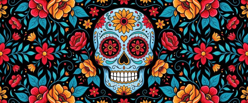 Sugar skull with vibrant floral pattern, day of the dead folk style