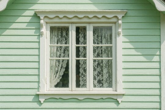 Pale green vintage house exterior features a white wood framed window with delicate lace curtains. Decorative trim accents the building facade and window. Architectural detail on clapboard siding.