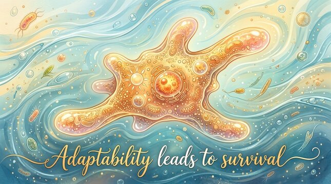 Abstract depiction of a large amoeba-like organism adapting to a fluid environment with various microorganisms, symbolizing evolution and survival.