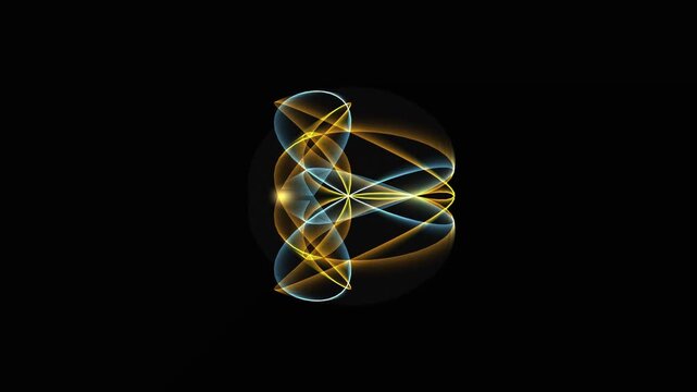 Abstract glowing golden and blue geometric spirograph wave loop rotating on a black background