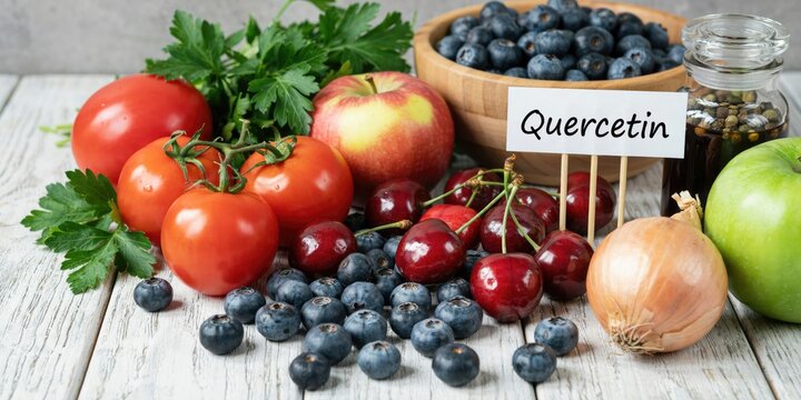 Quercetin rich foods, fresh fruits and vegetables on white wood table