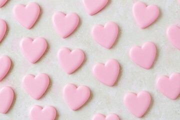 Obraz premium Pink heart shaped candies arranged in scattered pattern on textured neutral surface under soft warm directional light creating romantic festive mood for Valentine's Day celebration