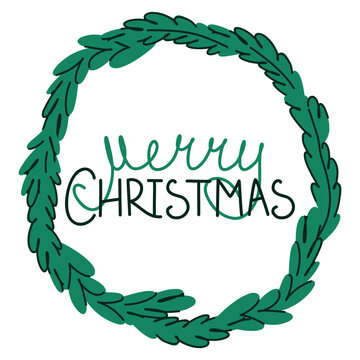 Merry Christmas Hand Lettered Greeting Surrounded by an Elegant Evergreen Wreath for Festive Holiday Cards and Seasonal Celebration. Vector illustration
