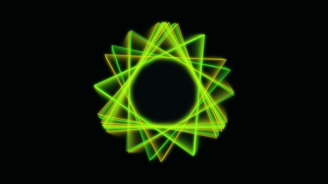 Glowing neon green and yellow geometric star spirograph expanding to fill a dark black background