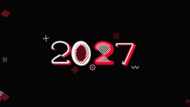 Modern red and white 2027 typography animation with geometric elements on a black background