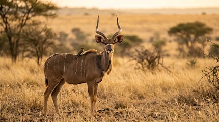 Naklejka premium Sable Antelope with Oxpecker Bird on Back in Savannah