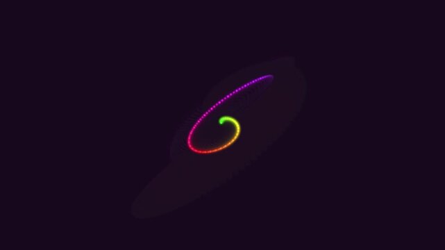 Rainbow particle spiral loop with glowing neon dots rotating on a dark background motion graphic