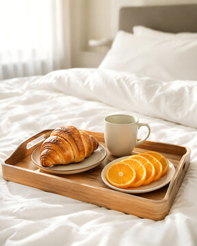Wooden breakfast tray on a white bed with a fresh croissant on a plate and a mug of coffee next to sliced oranges for a morning meal at home