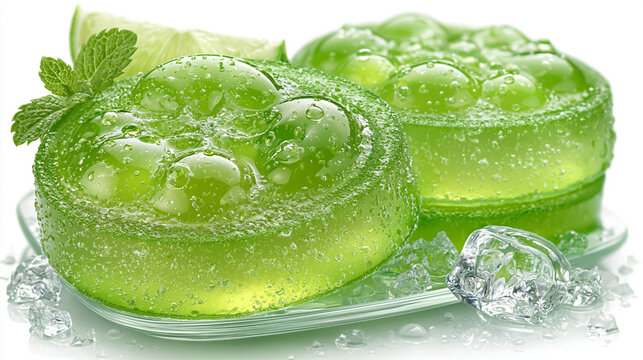 Green soap bars with lime slice mint leaves and ice on glass plate