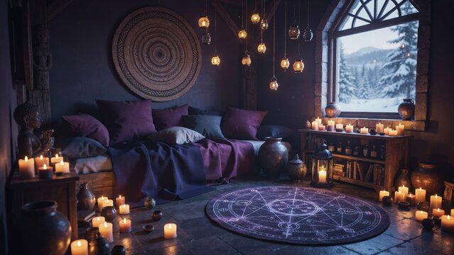 Mystical room with occult floor rug, candles, and winter window view