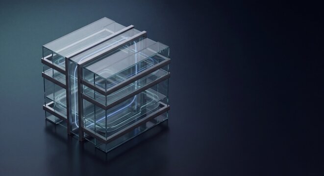 Futuristic glass building architecture concept with transparent walls and modern design on dark background