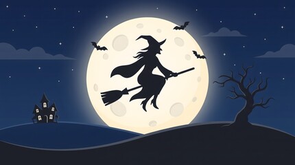 Fototapeta premium Dark silhouette of a witch gracefully flying on a broomstick before a massive bright full moon during a spooky halloween