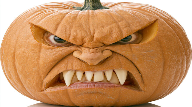 Scary carved halloween pumpkin with sharp teeth and angry facial expression