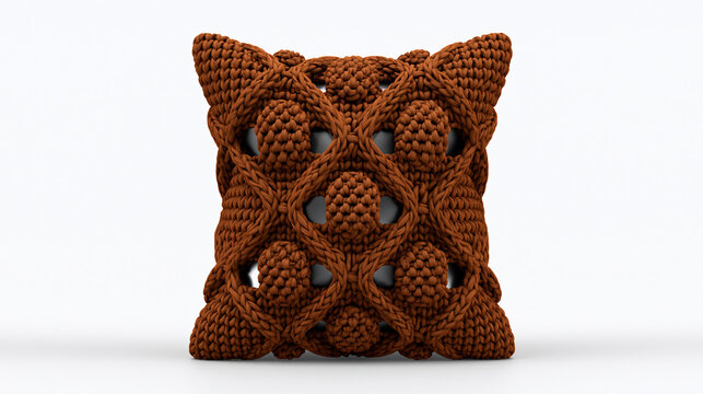 Brown knitted decorative pillow cushion with geometric pattern
